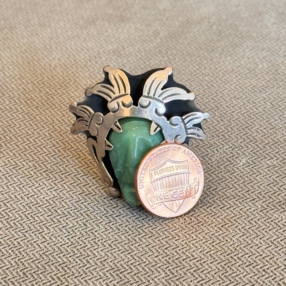Vintage Sterling Silver Taxco Mexico Carved Mask Face Green Onyx Earrings TV-21 - Picture 2 of 7